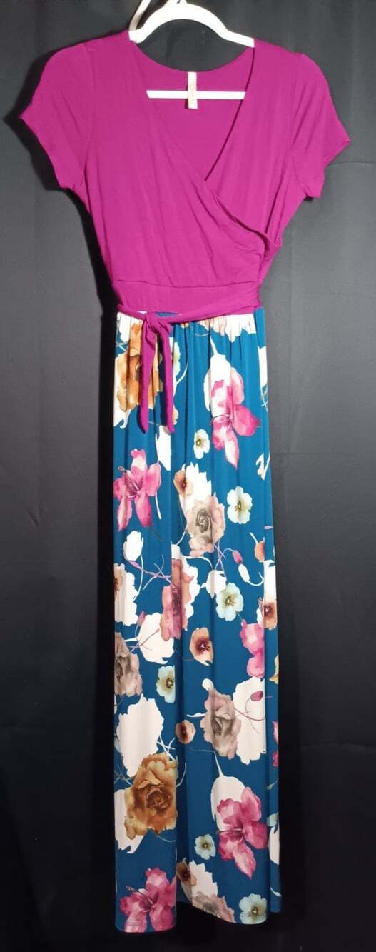 Gilli USA Dress Small Magenta Faux Wrap Maxi Blue Floral Skirt Boho Spring